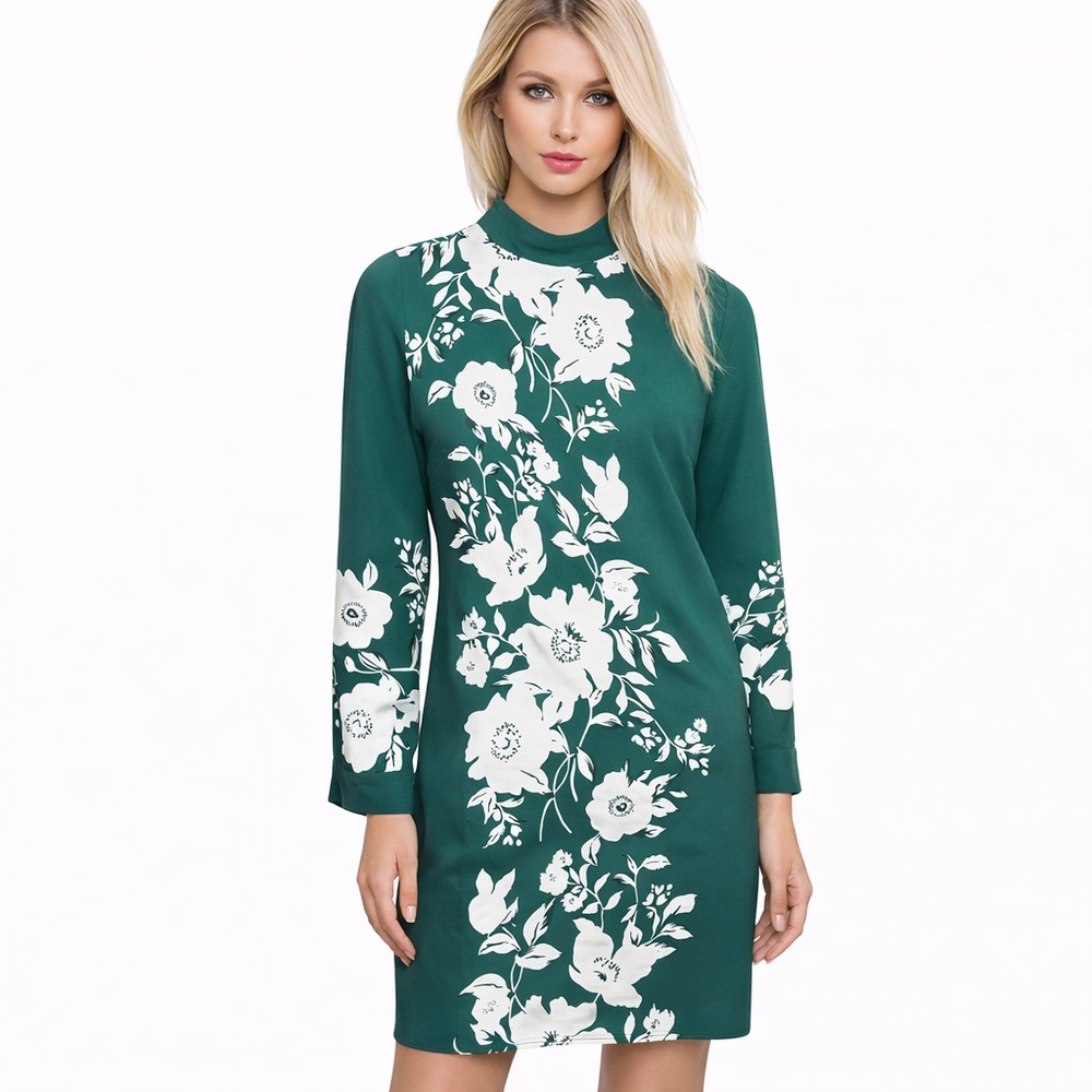 ZARA Green Floral Shift Dress Long Sleeve High Neck Elegant